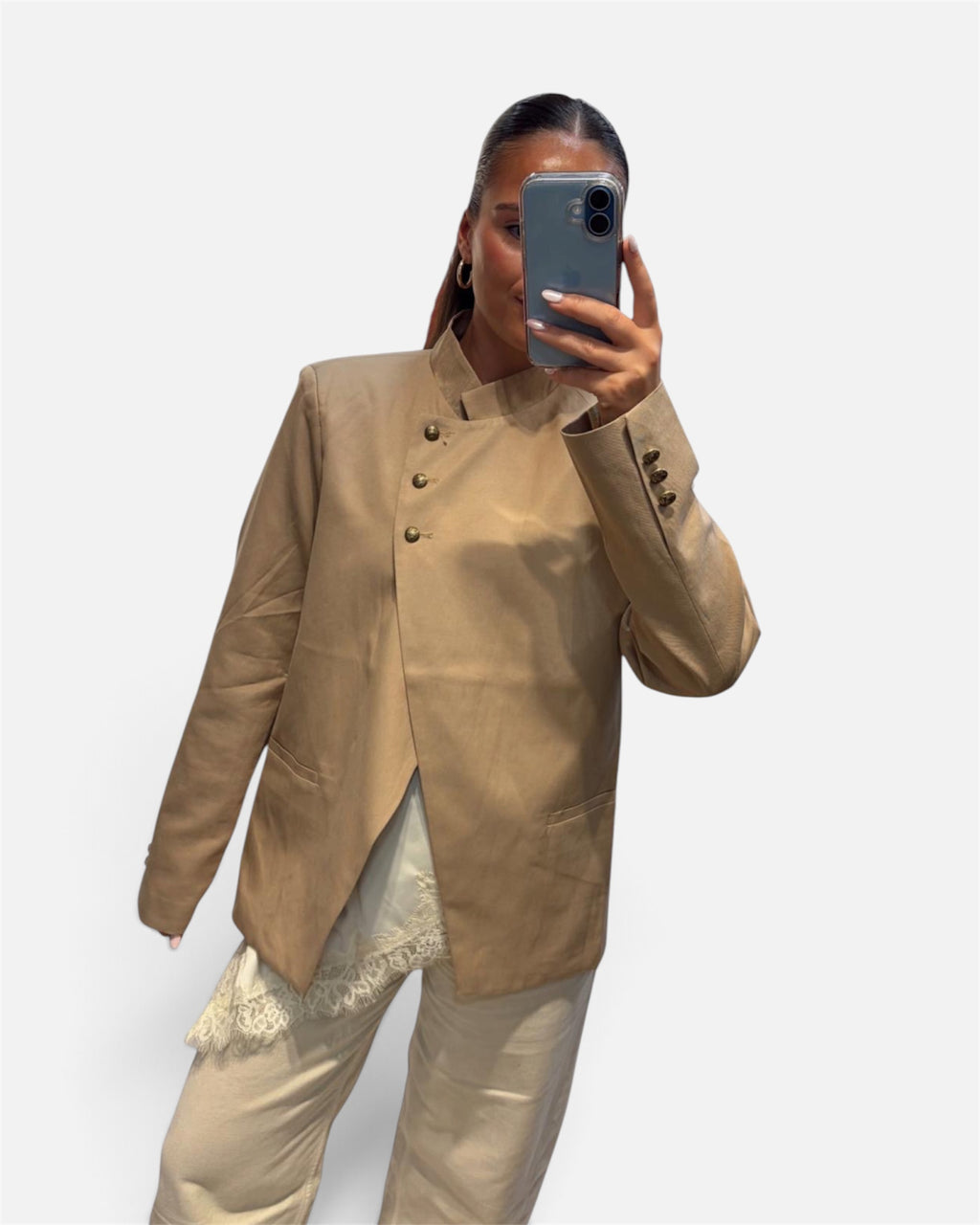 Cora High Neck Blazer in Tan