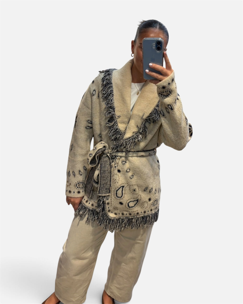 Jasper Paisley Print Cardigan in Beige & Navy