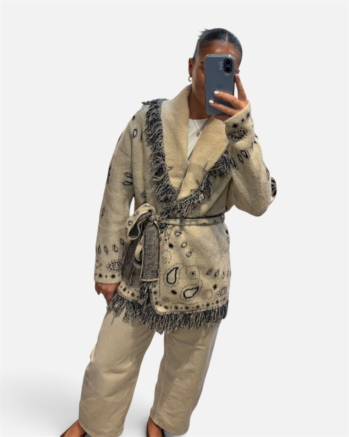 Jasper Paisley Print Cardigan in Beige & Navy