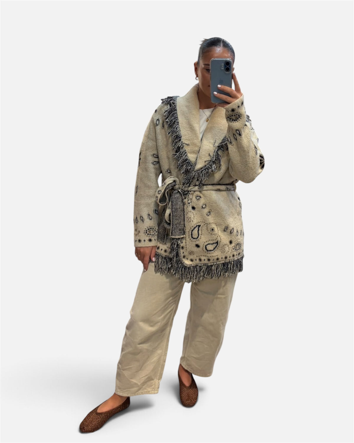 Jasper Paisley Print Cardigan in Beige & Navy