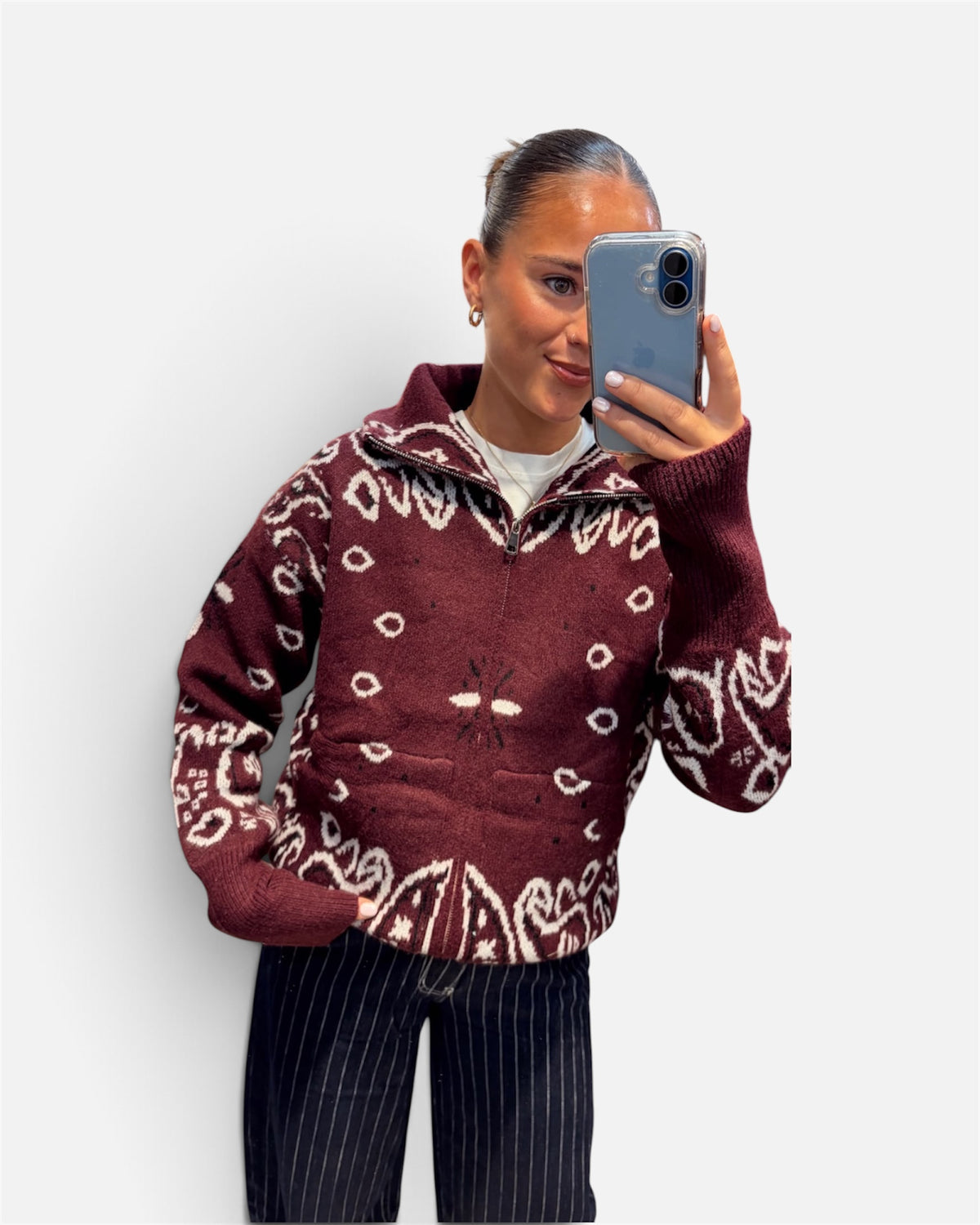 Annie Paisley Print Zip-Up Jumper in Burgundy