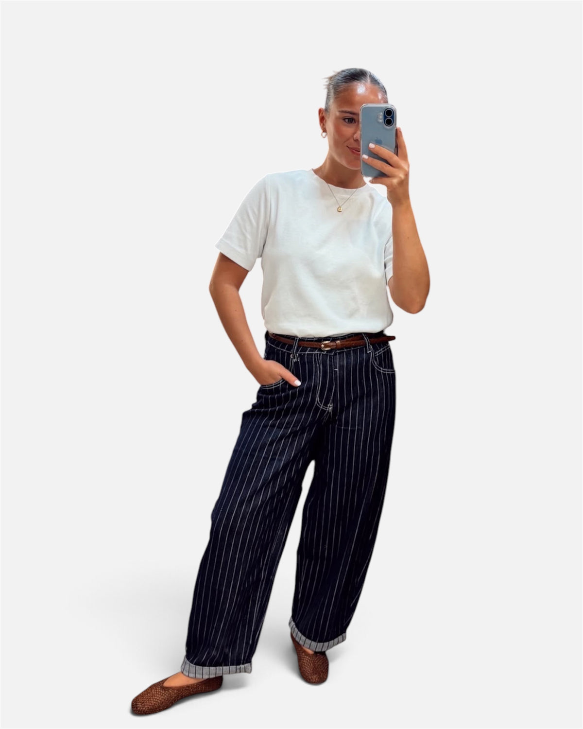Ruby Pinstripe Barrel Leg Jean in Dark Denim