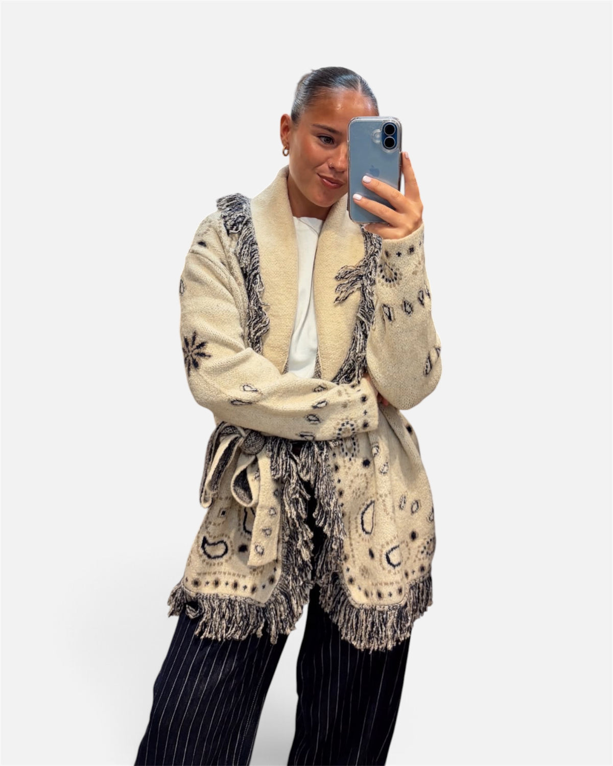 Jasper Paisley Print Cardigan in Beige & Navy