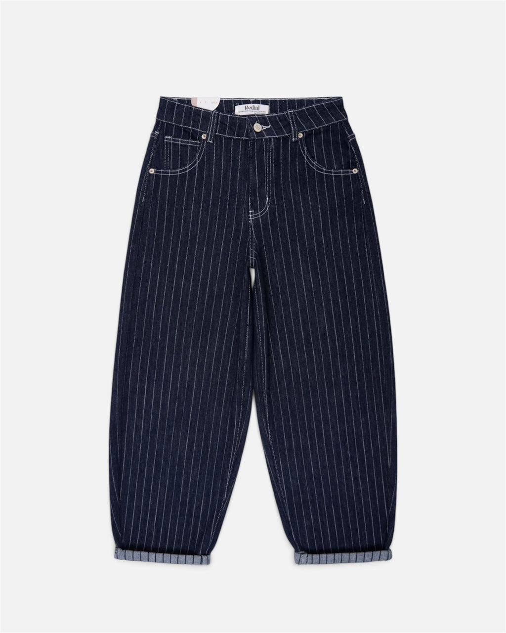 Ruby Pinstripe Barrel Leg Jean in Dark Denim