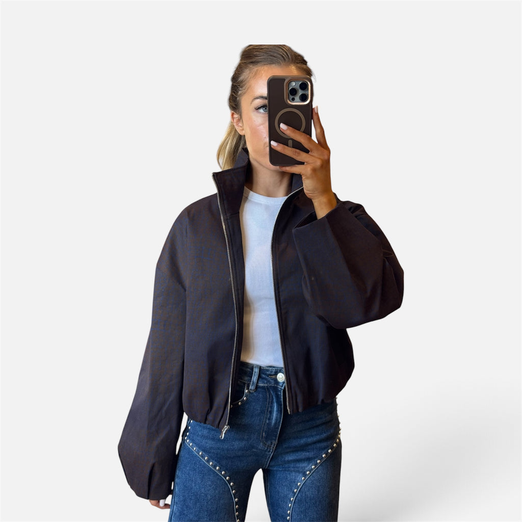 Sue Crocodile-Effect Bomber Jacket in Brown & Blue