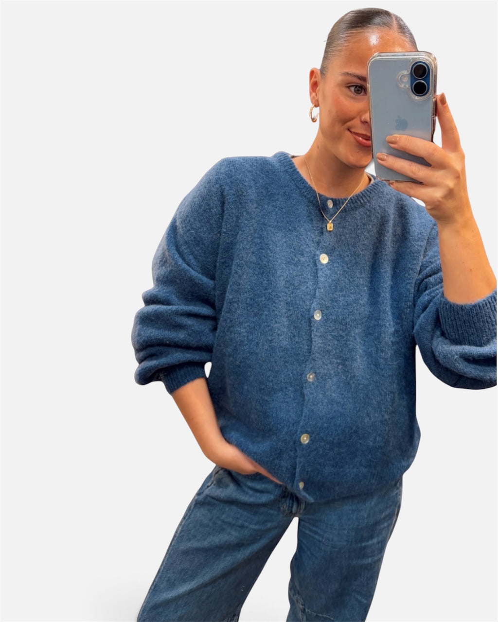 Wool Knit Cardigan in Petrol Blue