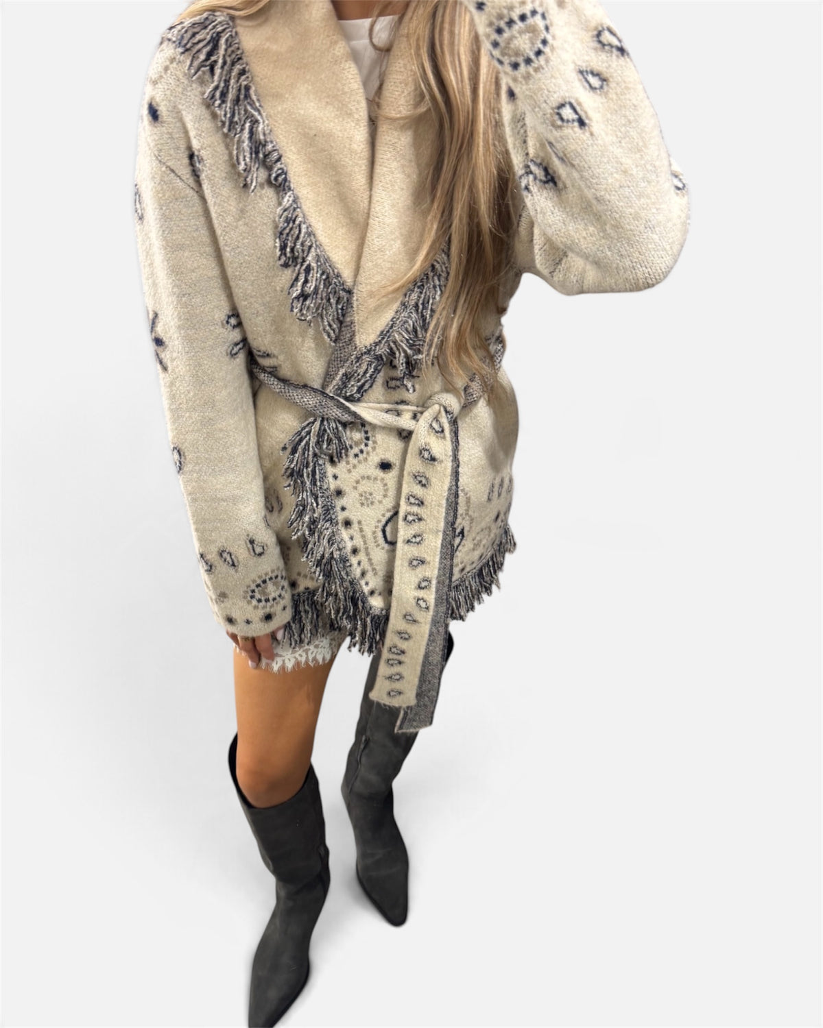 Jasper Paisley Print Cardigan in Beige & Navy