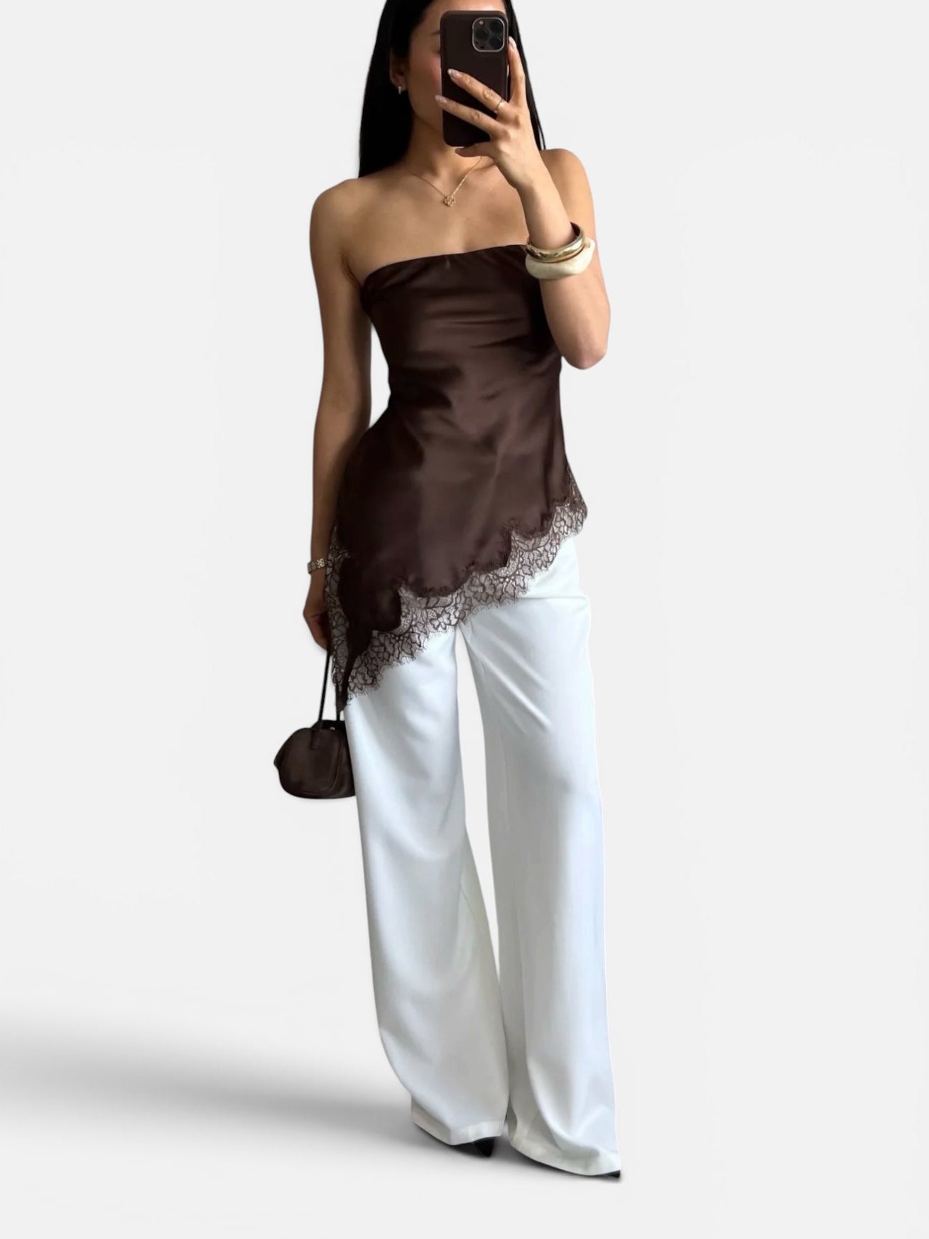 Satin top with lace detail in brown