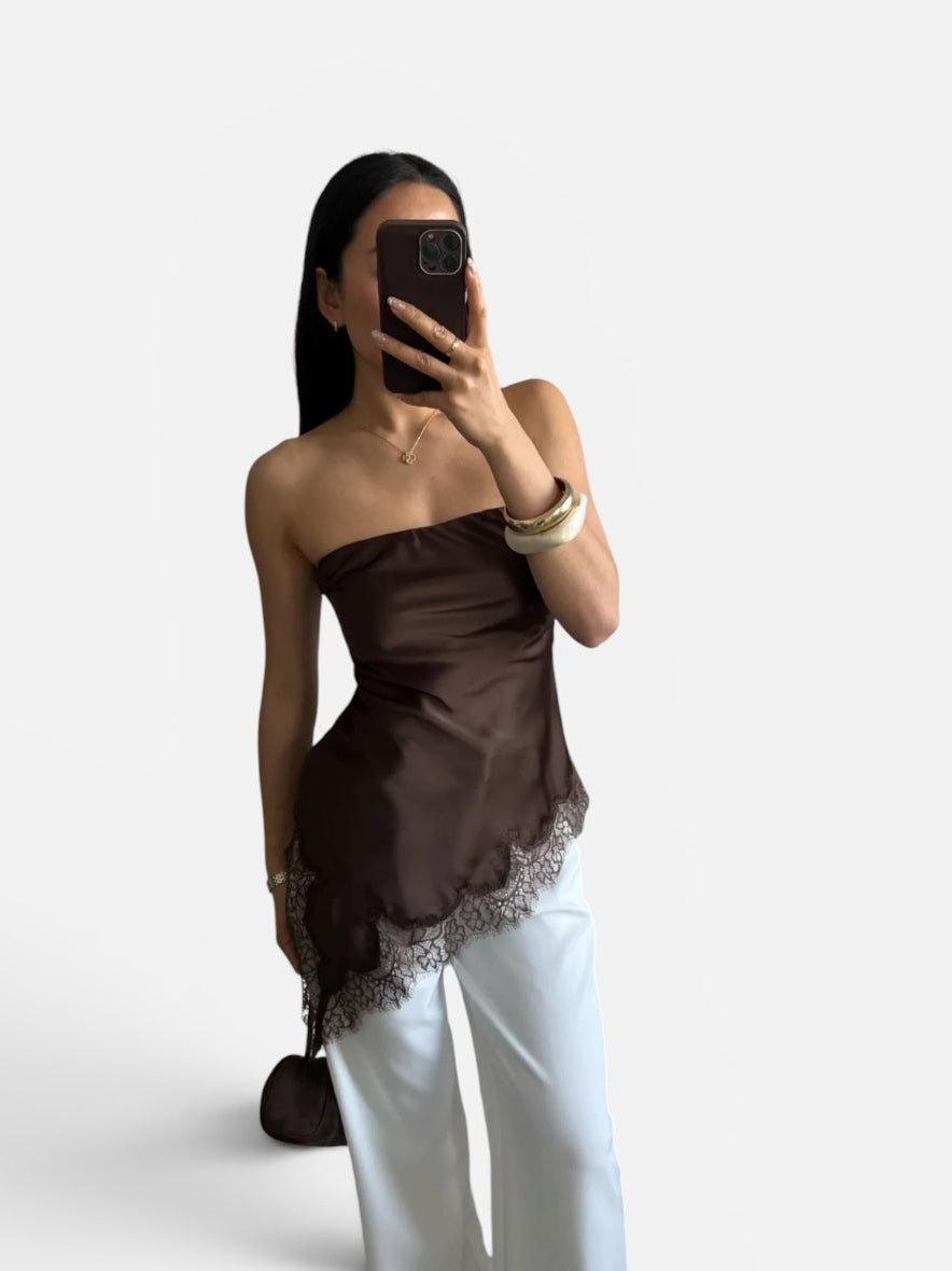 Satin top with lace detail in brown