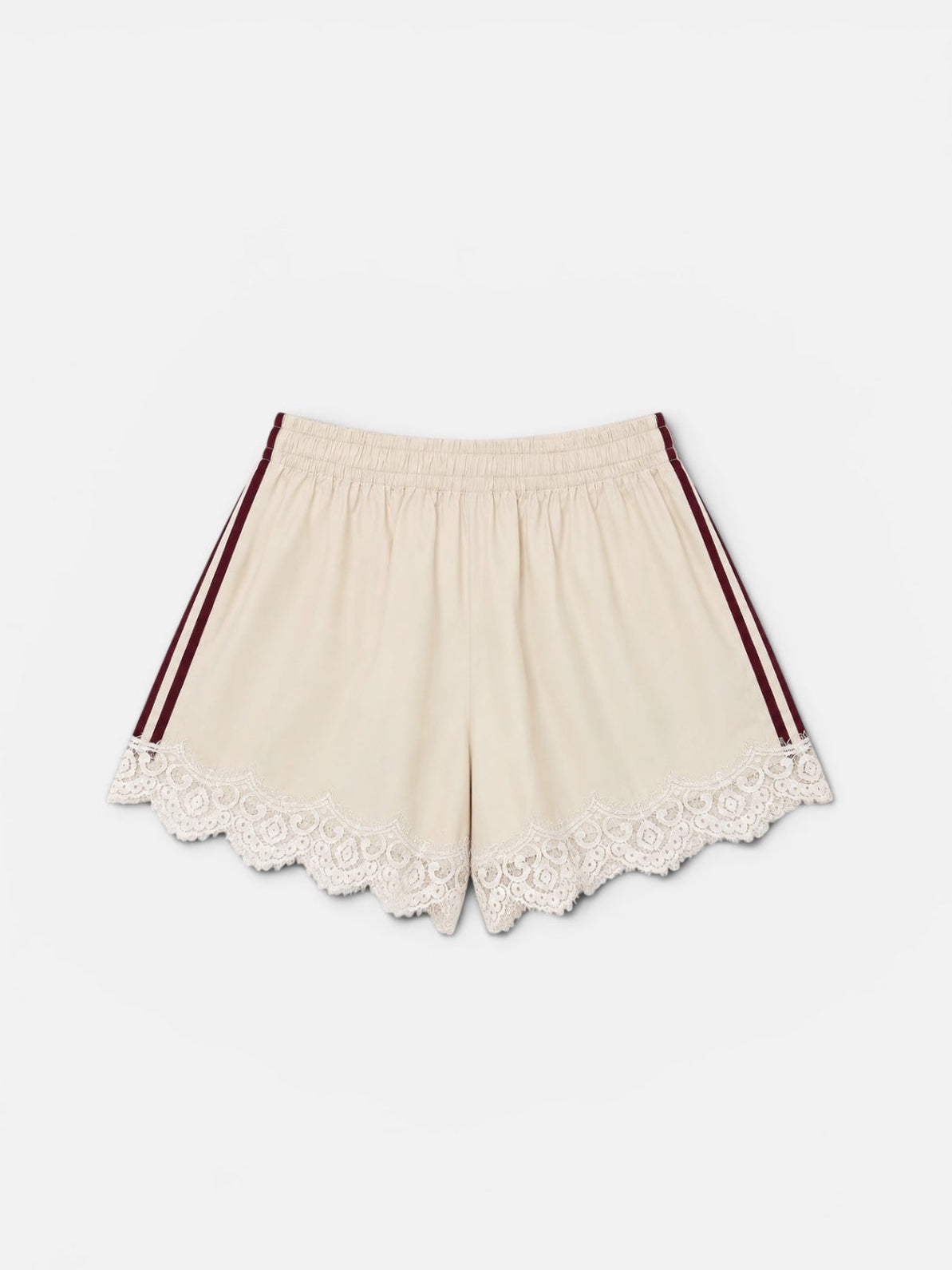 Track shorts with lace in ivory & burgundy