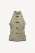 High neck linen top in sage