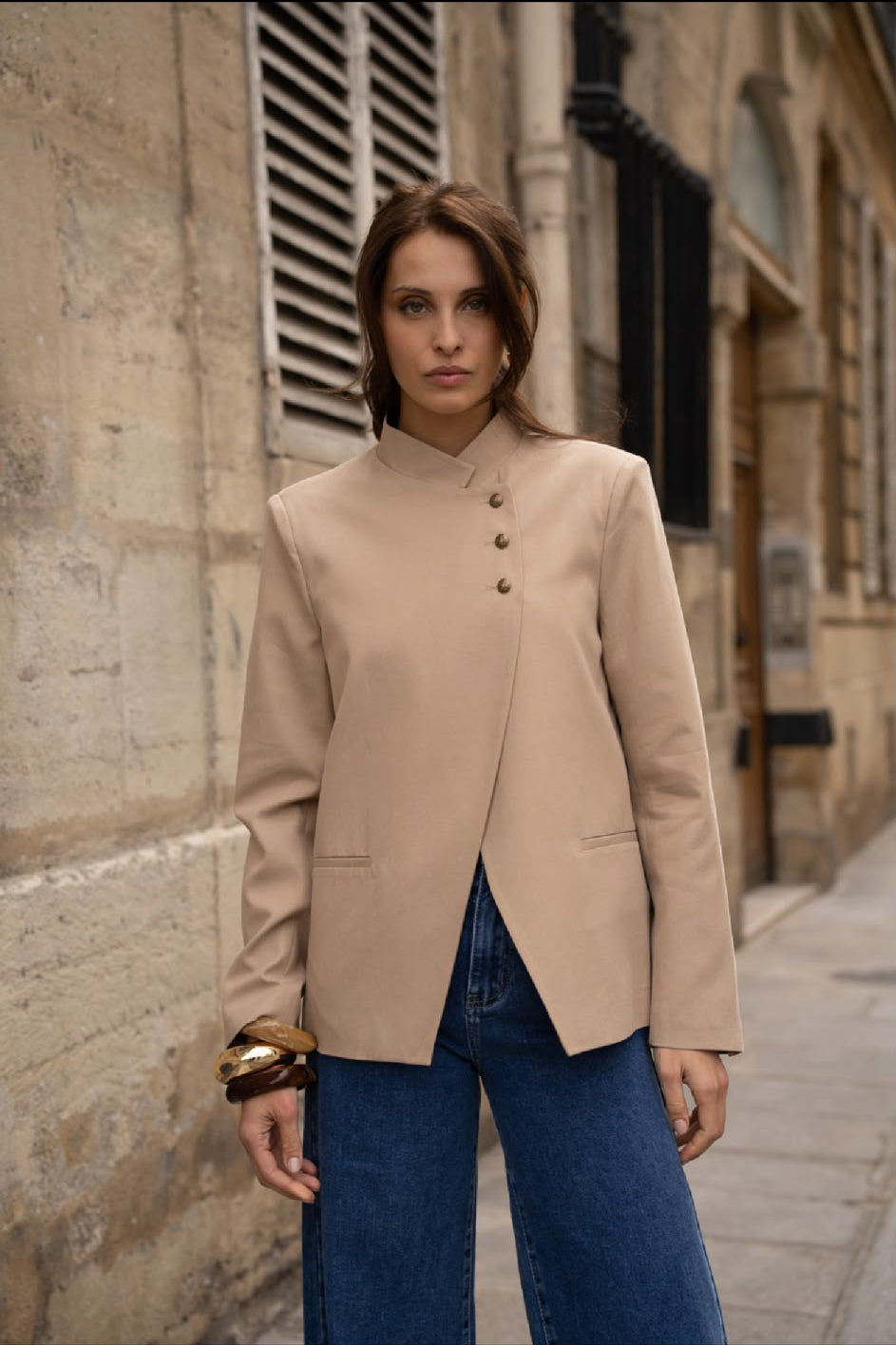Cora High Neck Blazer in Tan