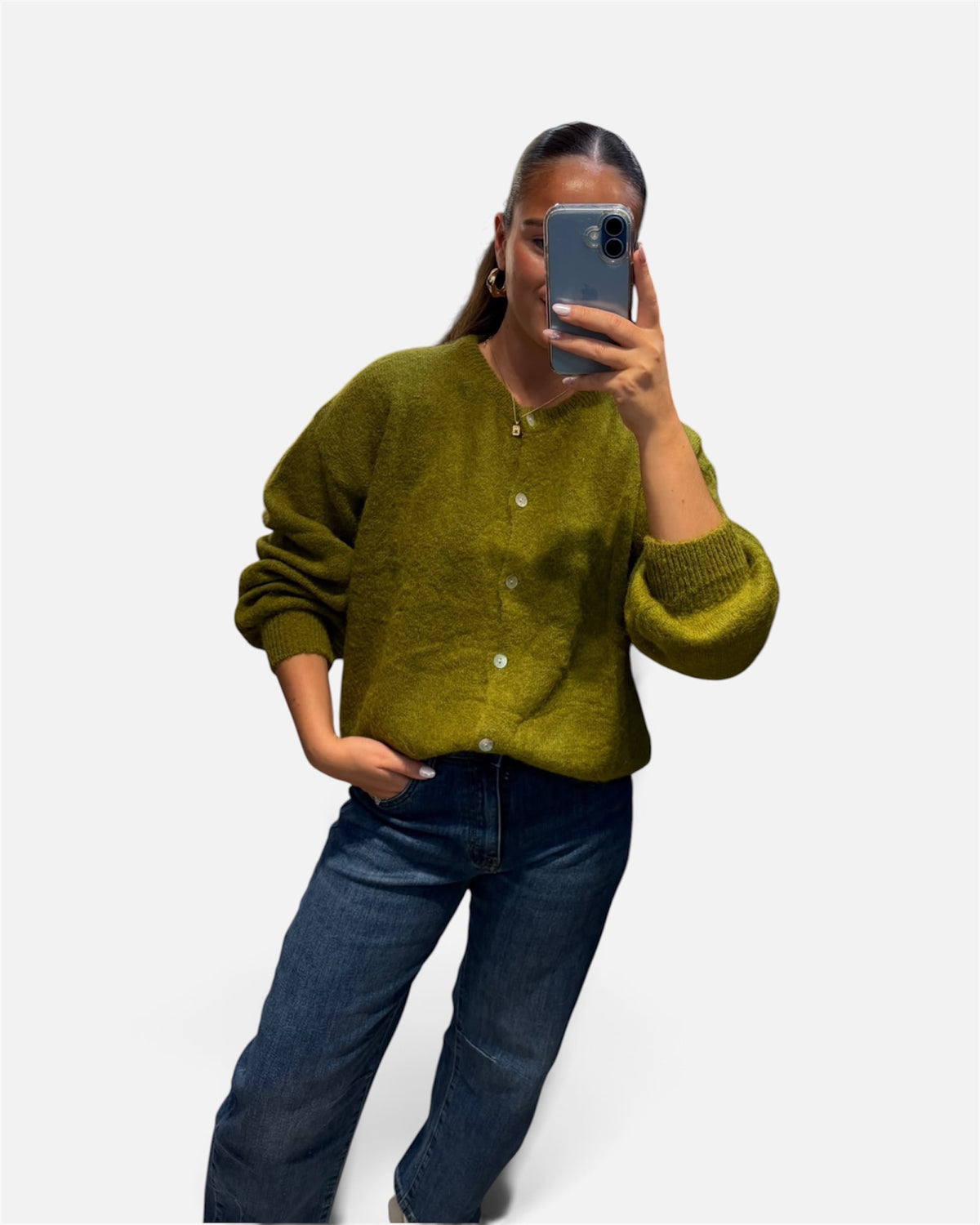 Wool Knit Cardigan in Olive Green