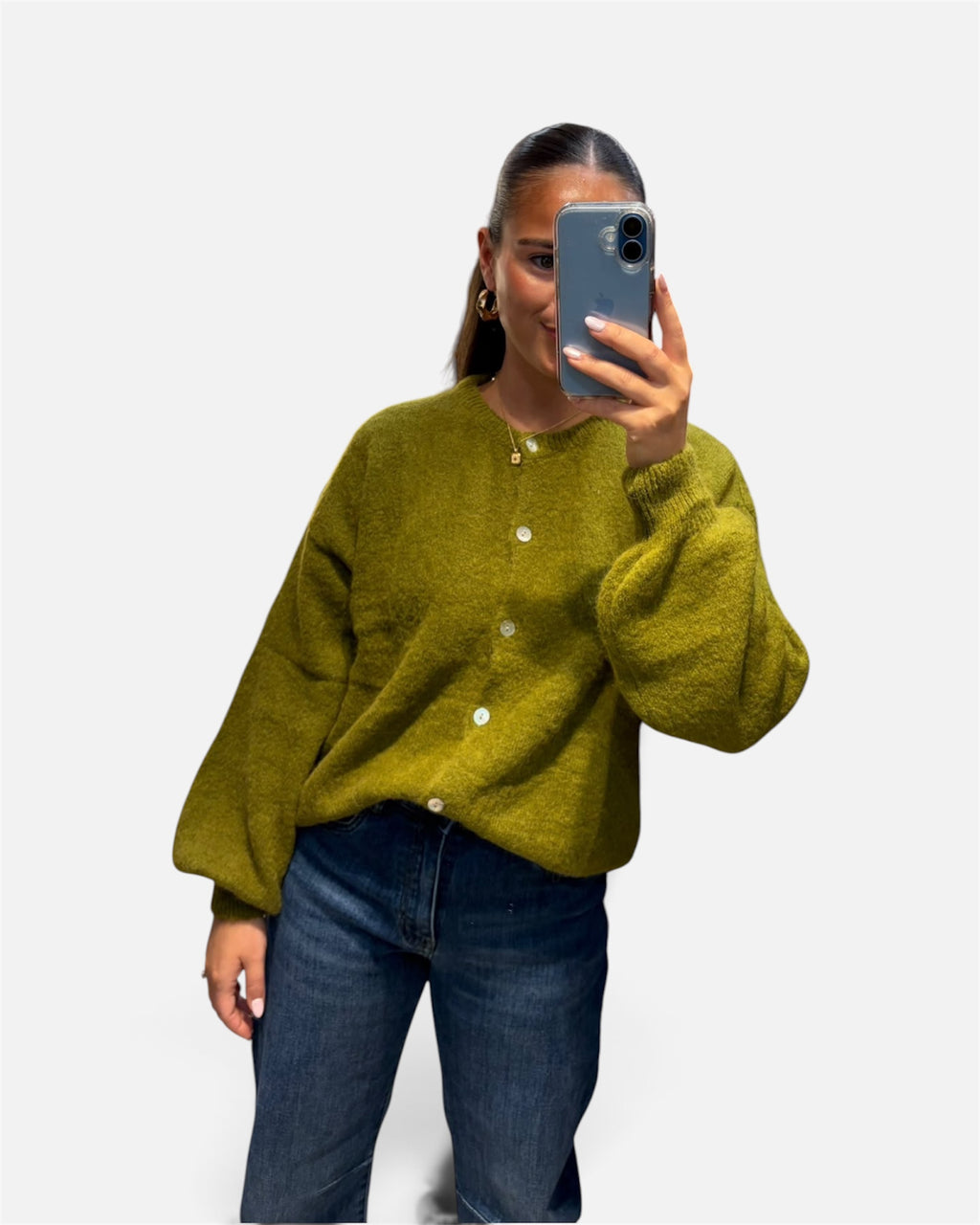 Wool Knit Cardigan in Olive Green