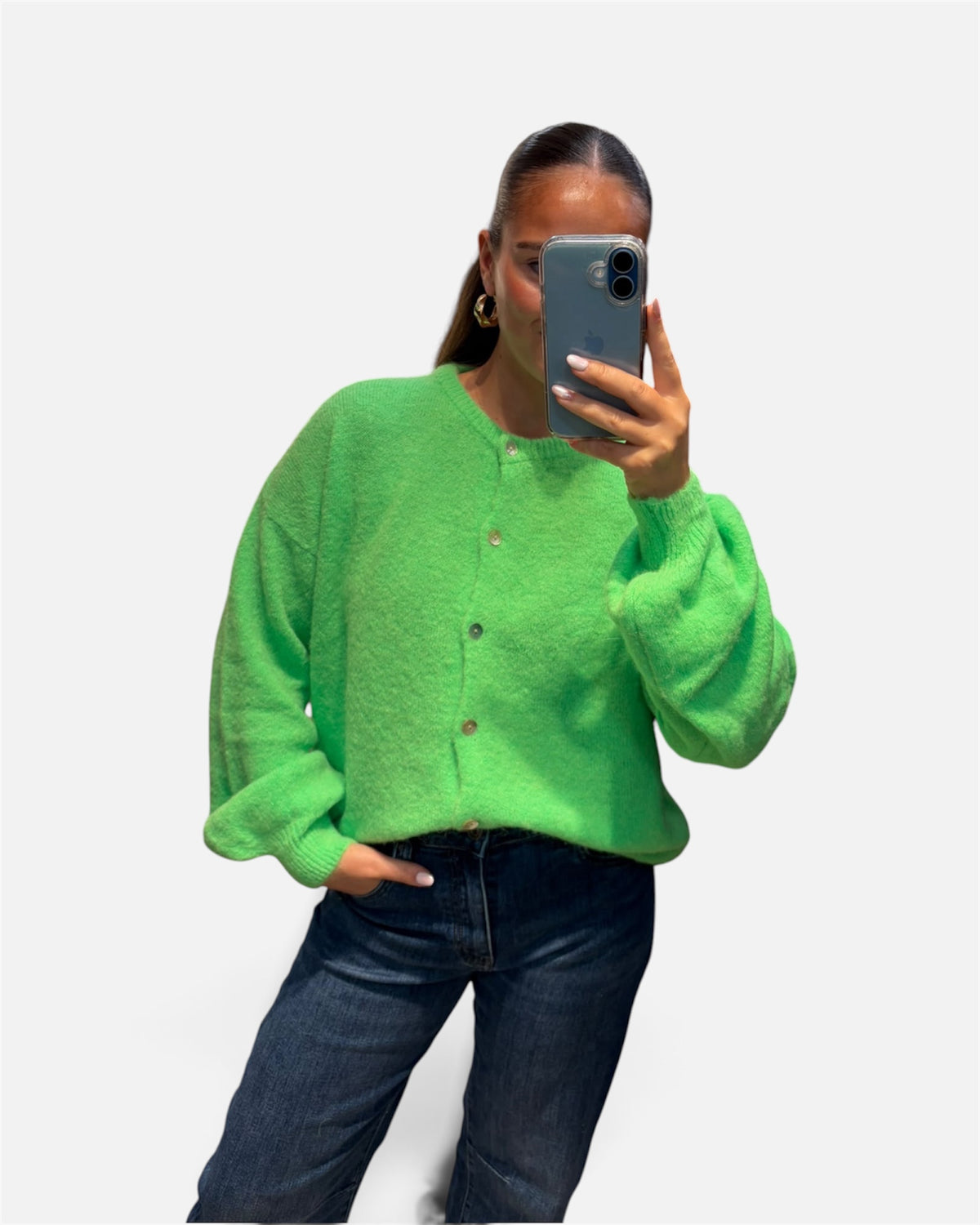 Wool Knit Cardigan in Neon Green