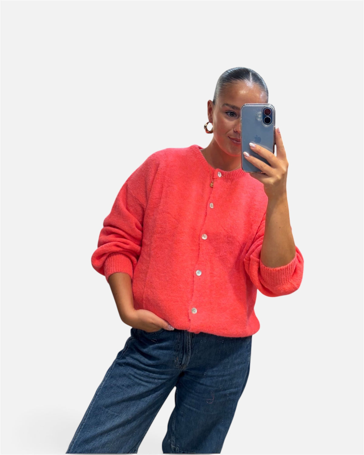 Wool Knit Cardigan in Neon Coral