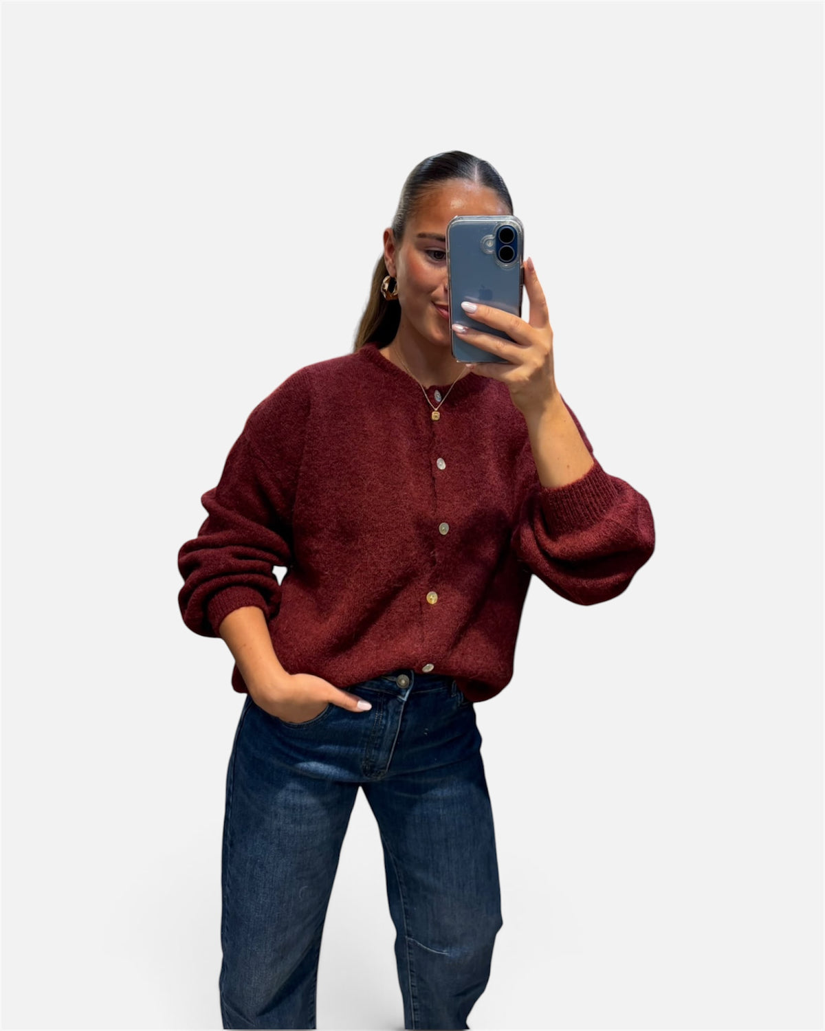 Wool Knit Cardigan in Burgundy