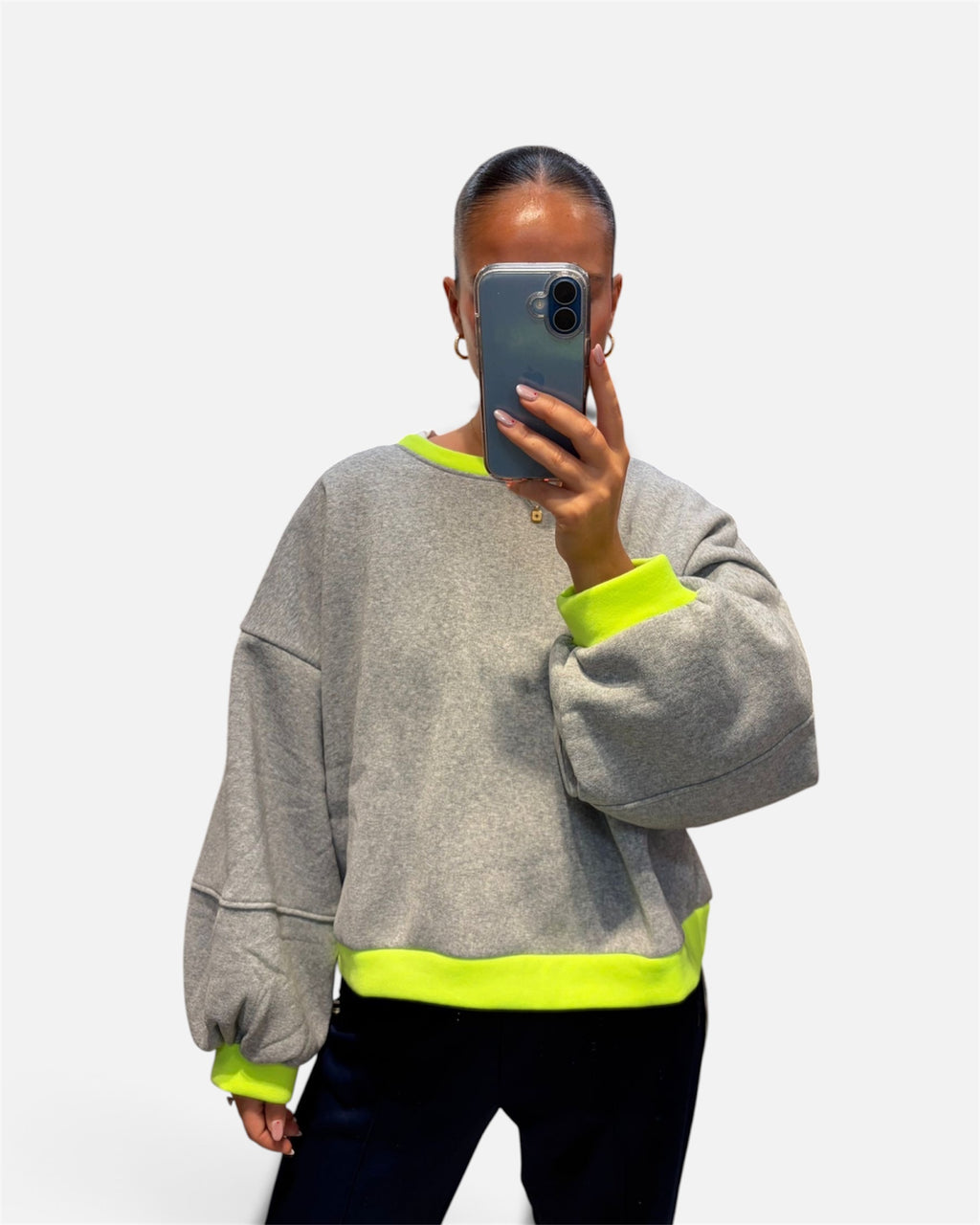 Balloon Sleeve Jumper in Grey & Lime