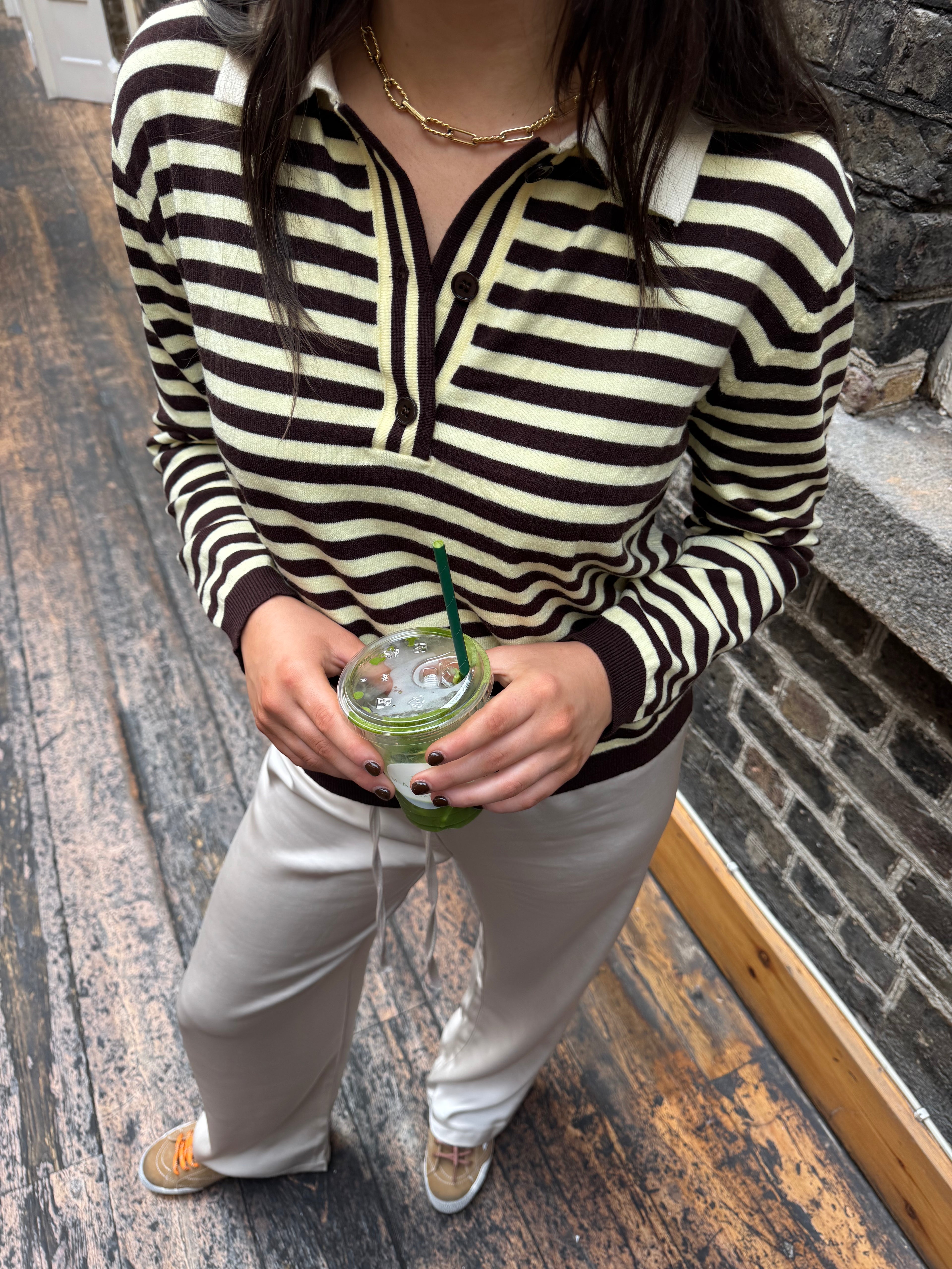 Ella Striped Knit Rugby Top in Brown & Yellow