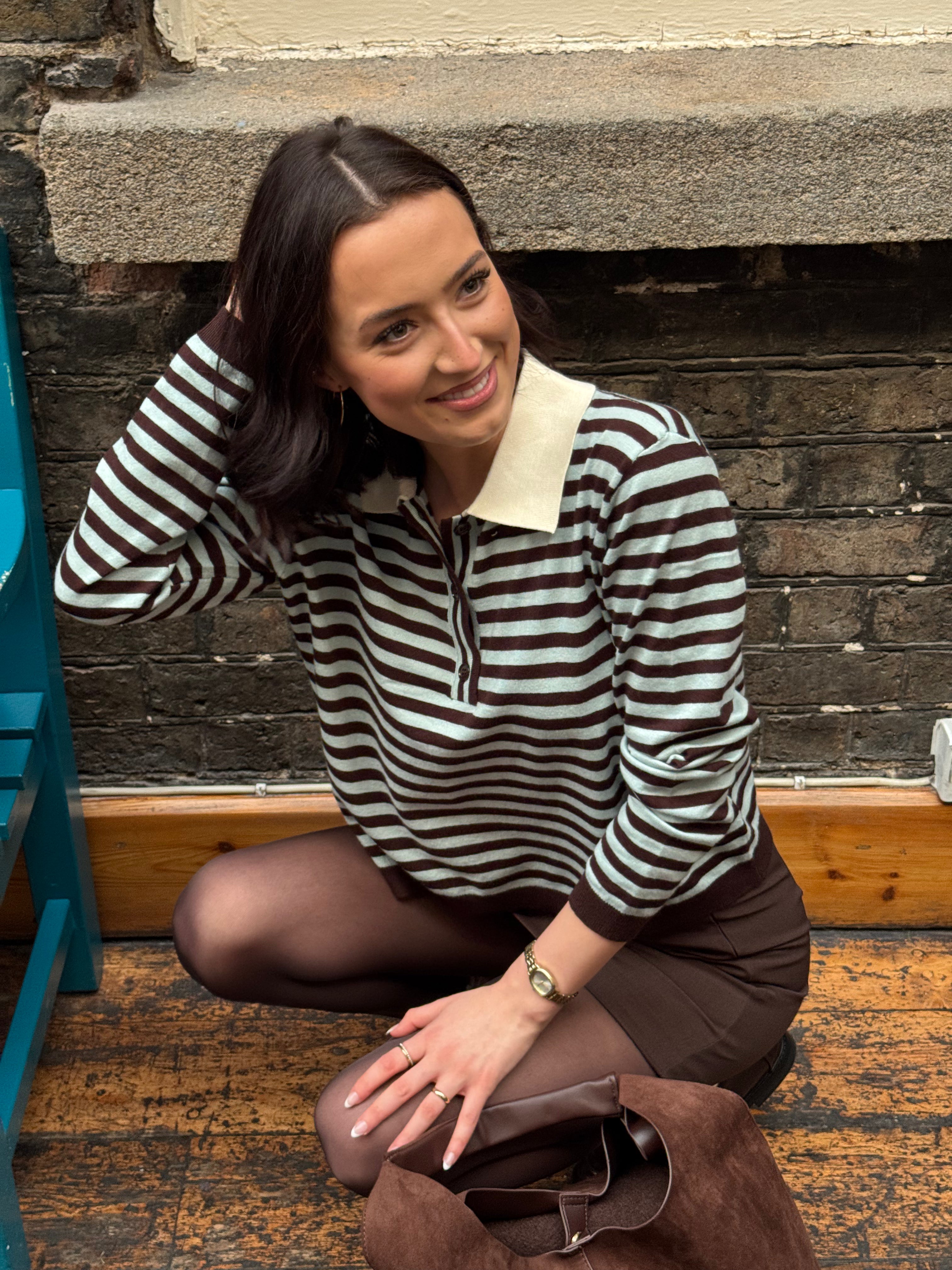 Ella Striped Knit Rugby Top in Brown & Blue