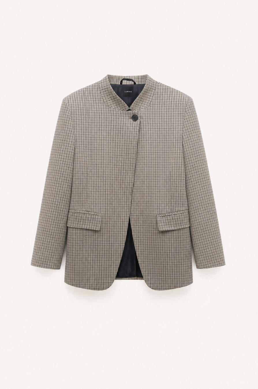Gingham High Neck Blazer in Beige