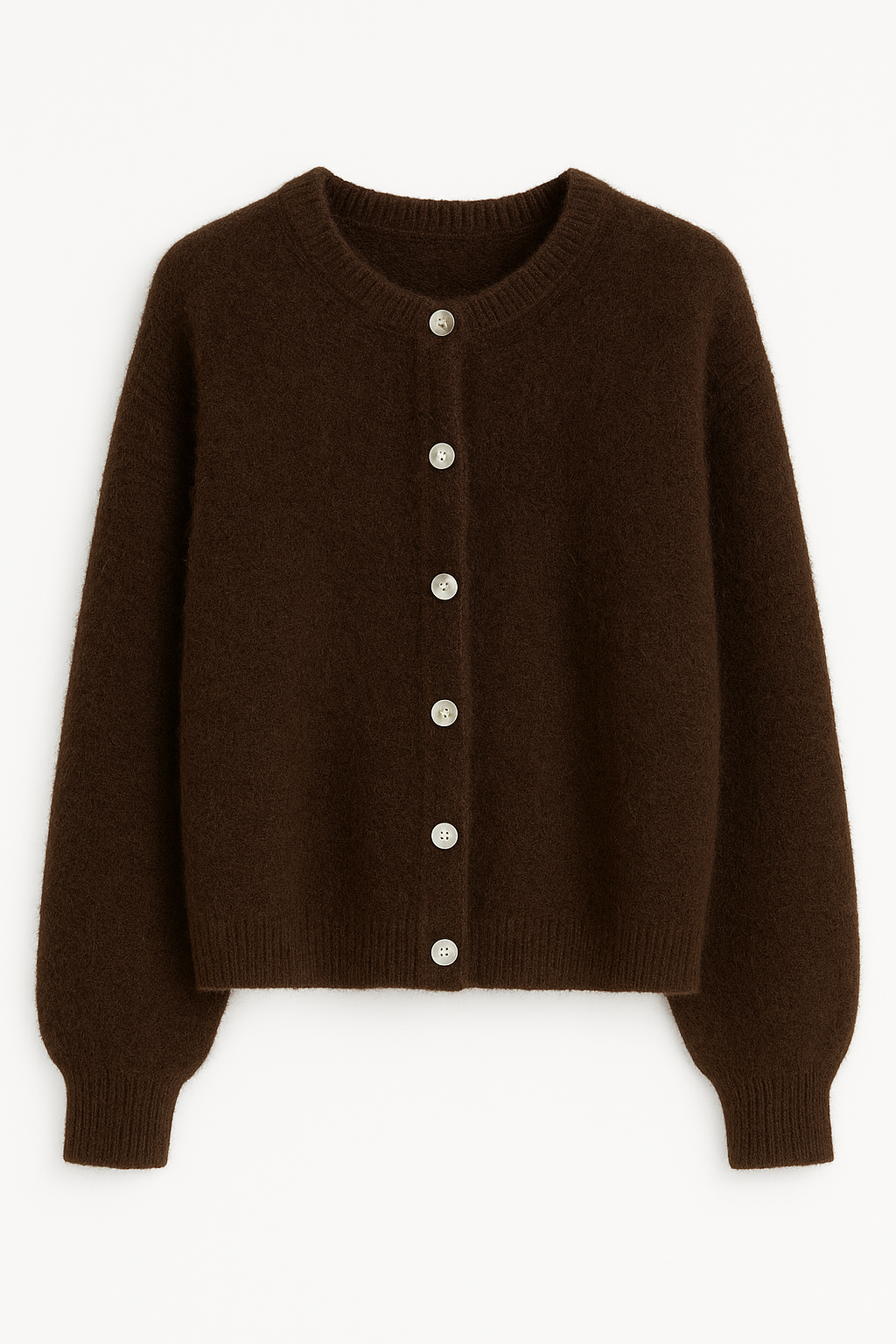 Brown cardigan with buttons on a white background