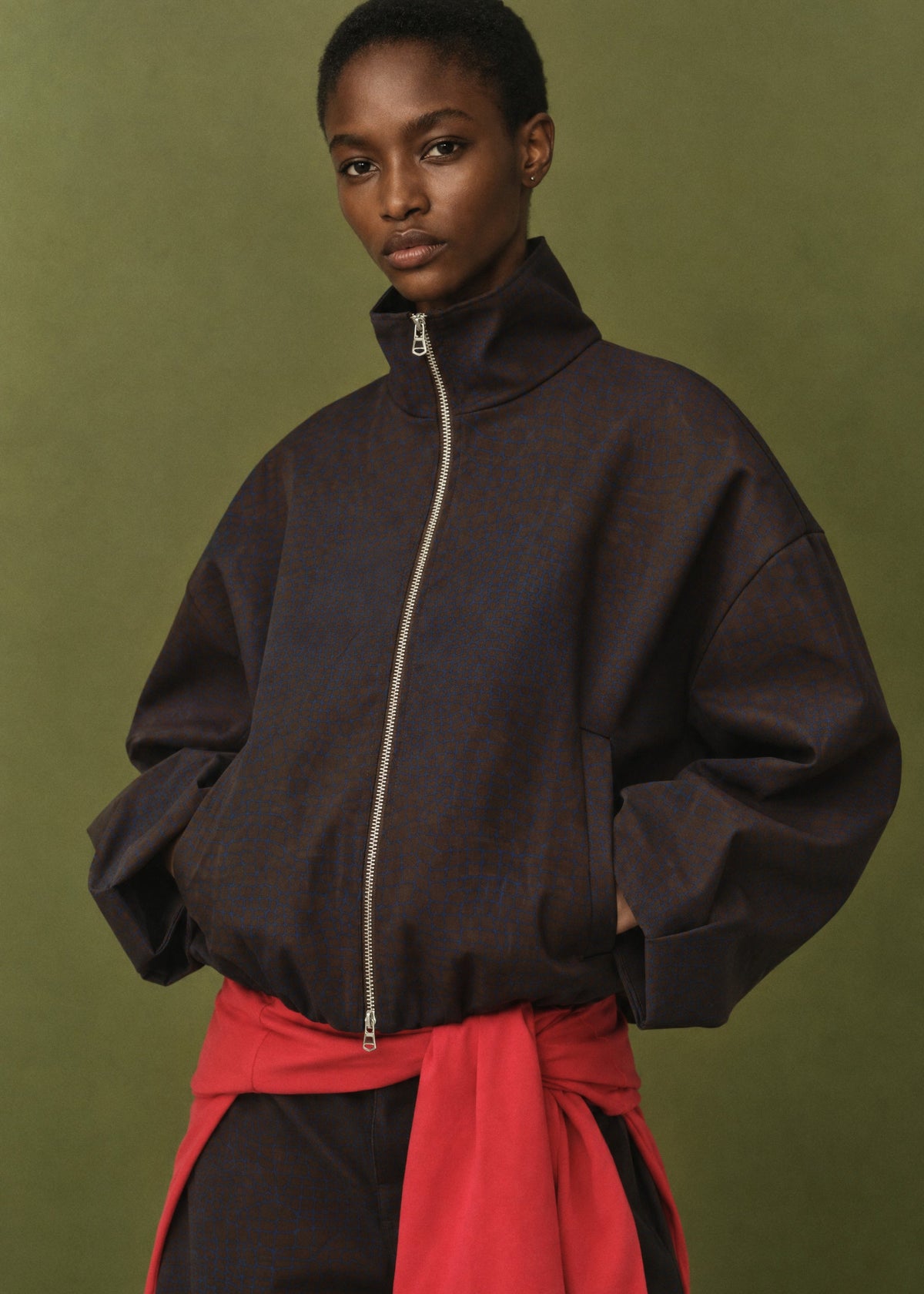 Sue Crocodile-Effect Bomber Jacket in Brown & Blue